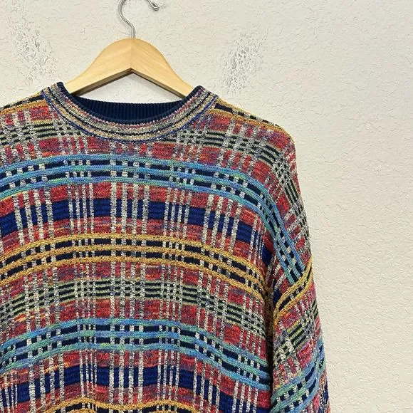 VINTAGE FIUME Long Slevee Multicolor Plaid Knit Pullover Sweater - Picture 2 of 10